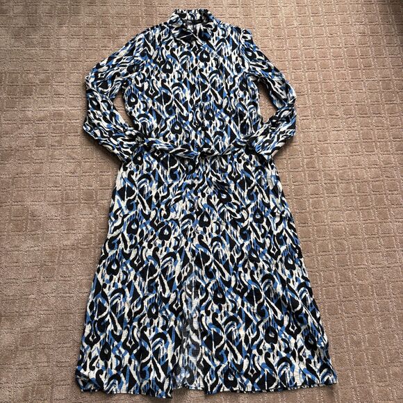Zara Midi Shirt Dress Women M Blue Black Long Sleeve Abstract Artsy Blogger Fave - Picture 2 of 10